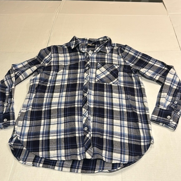 Woolrich cotton long plaid flannel shirt button down blues whites & black large - Picture 1 of 8
